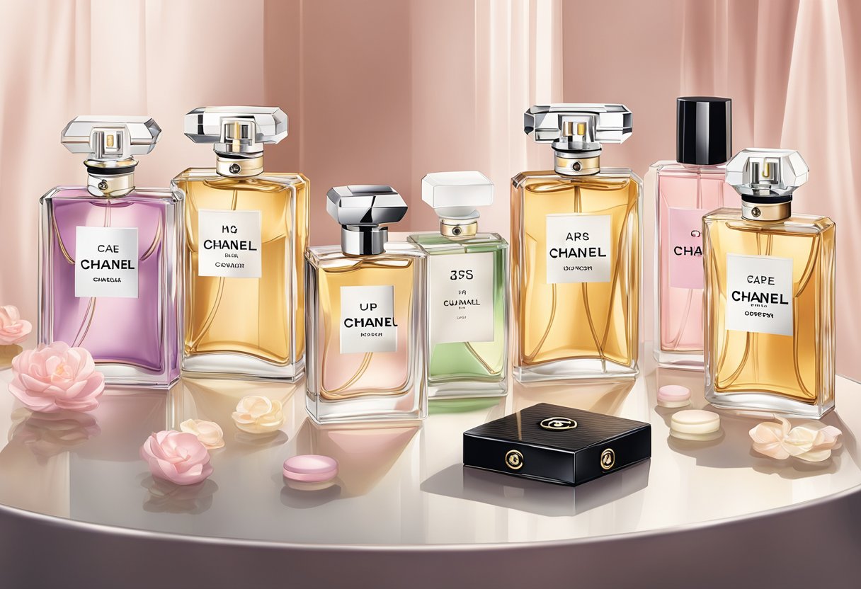 A table with various Chanel fragrance bottles arranged neatly, with soft lighting and a backdrop of elegant branding materials