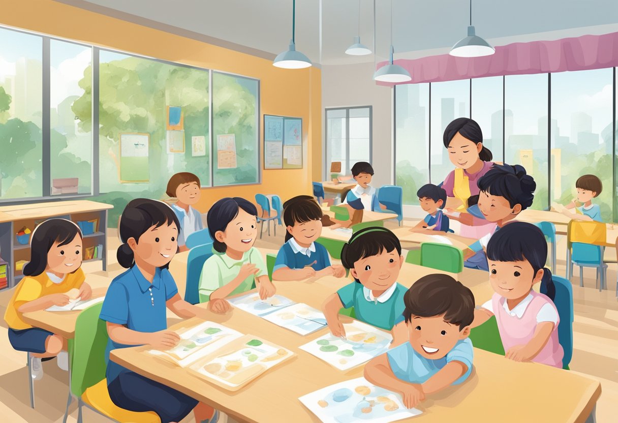 A group of children with diverse abilities engage in interactive learning activities at a specialized school in Singapore, guided by dedicated educators