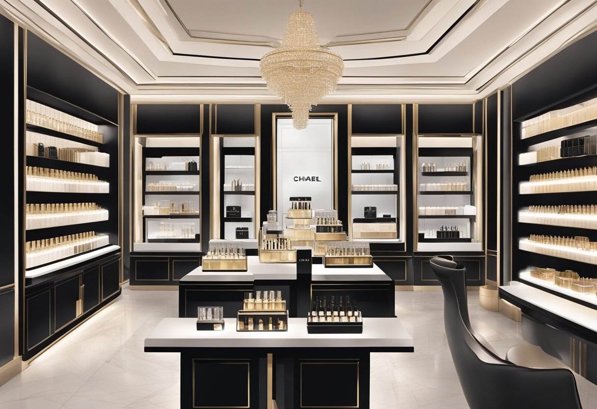 A sleek, modern fragrance boutique with soft lighting and elegant displays showcasing Chanel's iconic perfume bottles. A luxurious, inviting atmosphere with a hint of Parisian charm