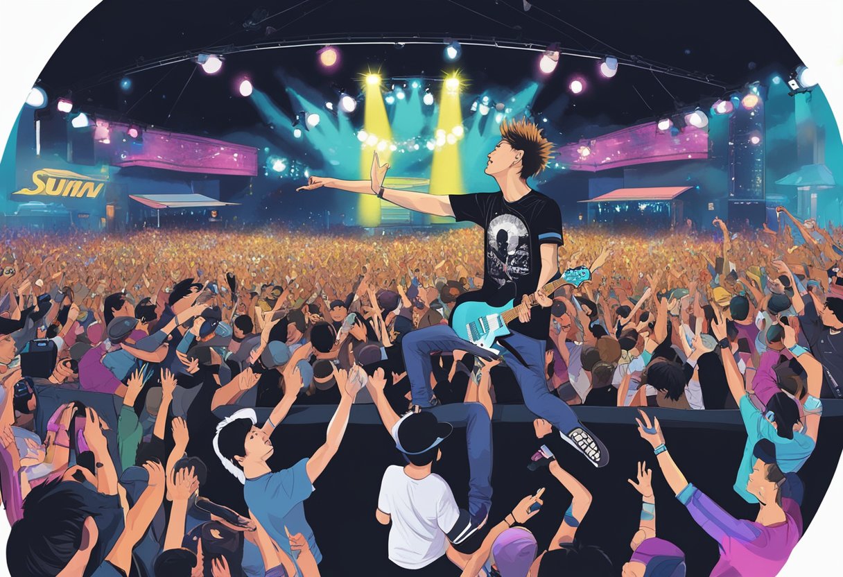 The band Sum 41 rocks the stage in Singapore, with colorful lights and energetic fans