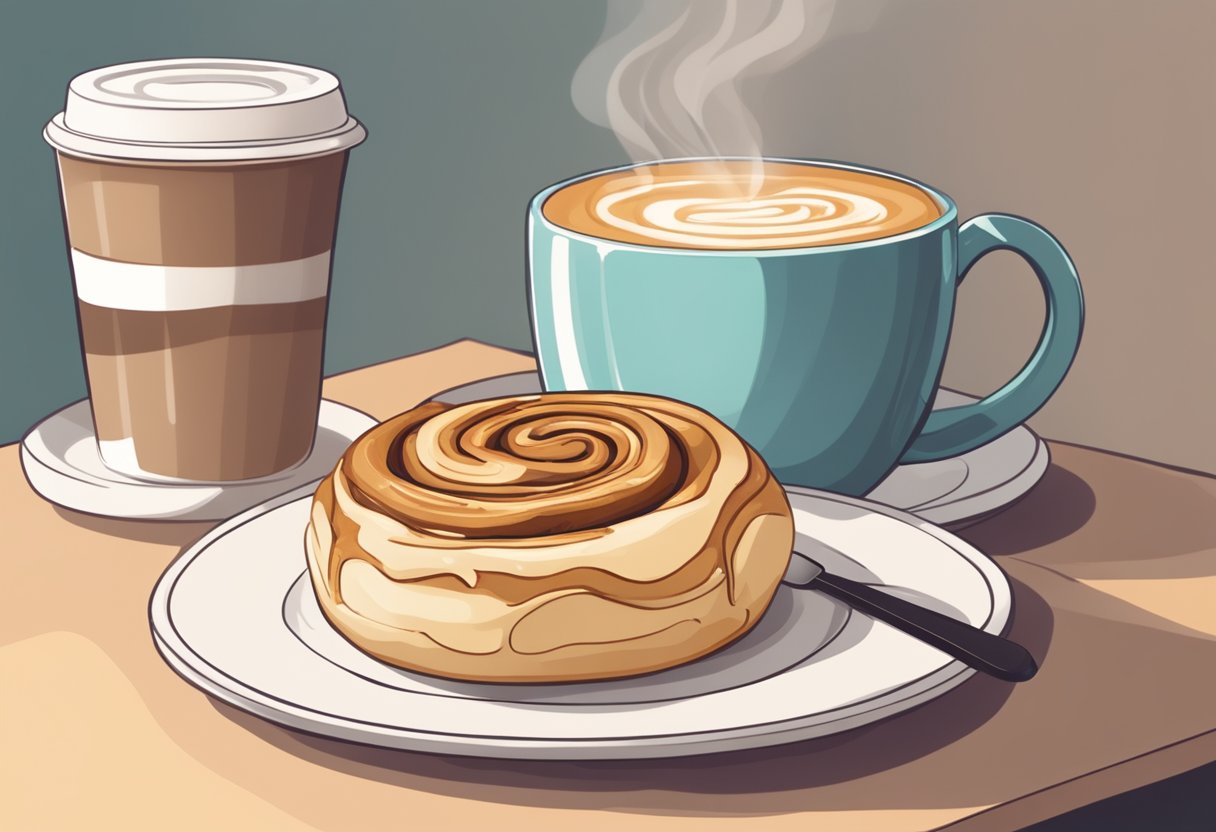 A warm cinnamon roll sits on a plate next to a steaming cup of coffee in a cozy Singaporean cafe