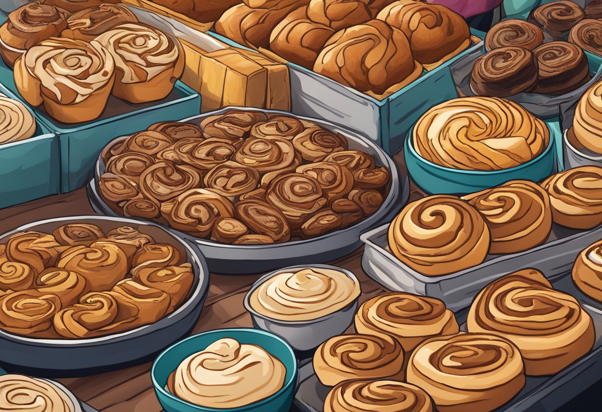 A table with freshly baked cinnamon rolls, surrounded by the vibrant colors and bustling atmosphere of a Singaporean market