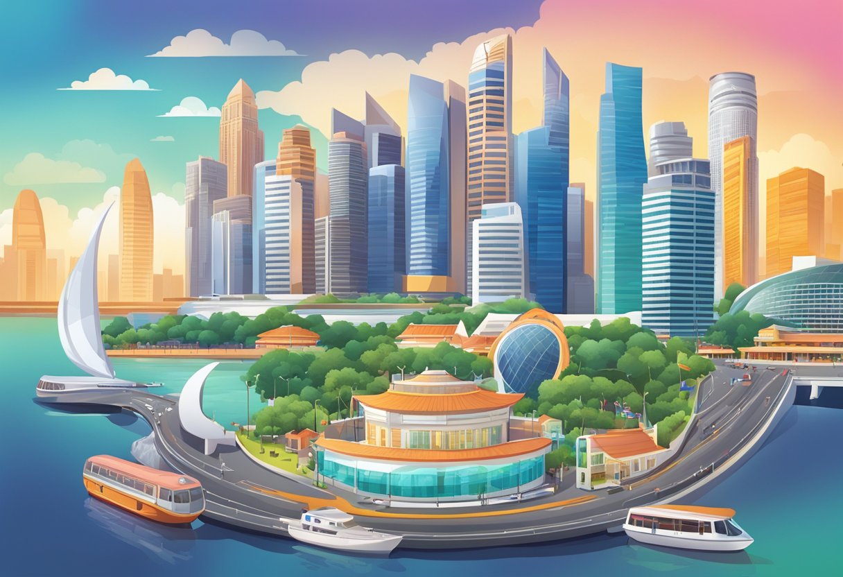 A vibrant, modern cityscape with iconic landmarks and bustling streets, showcasing the energy and diversity of Singapore