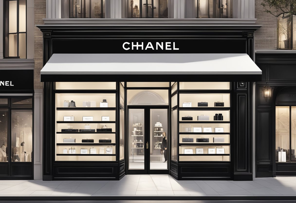 A sleek, modern storefront with the "Frequently Asked Questions" Chanel fragrance display prominently featured in the window