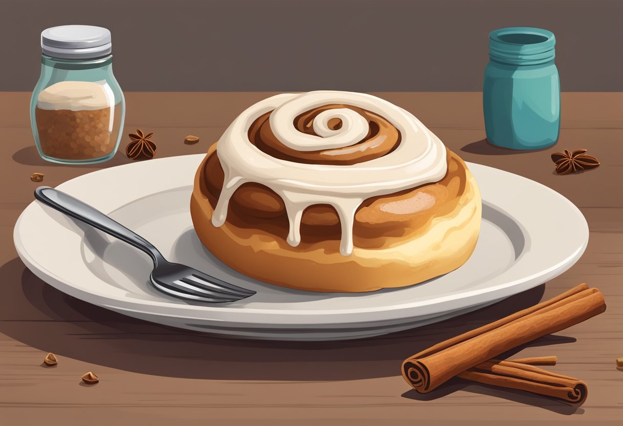A warm, freshly baked cinnamon roll sits on a plate, surrounded by a sprinkle of cinnamon and sugar. A small jar of creamy icing is placed beside it, ready to be drizzled over the sweet treat