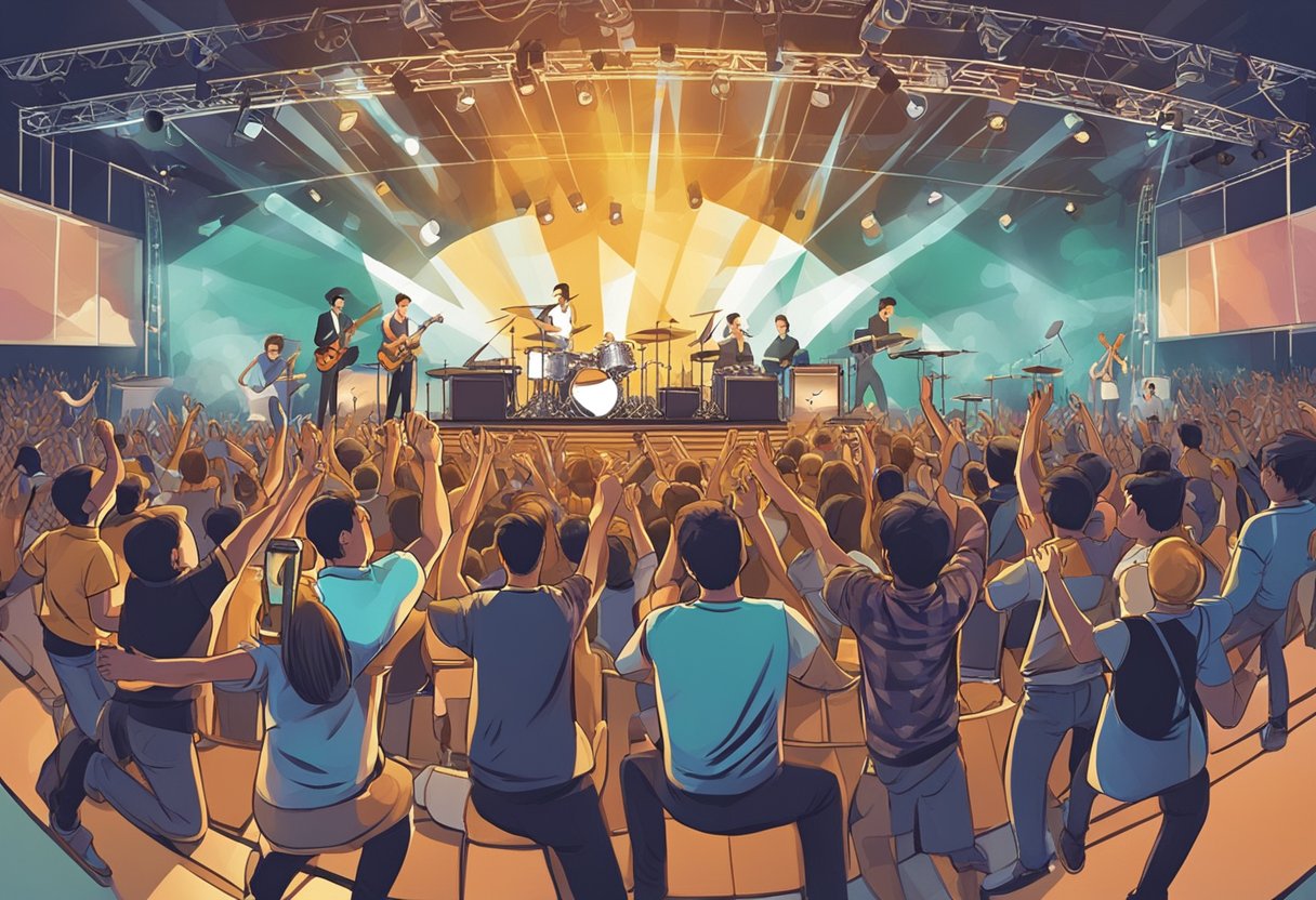 A lively concert scene with a band performing on stage in front of a cheering crowd in Singapore