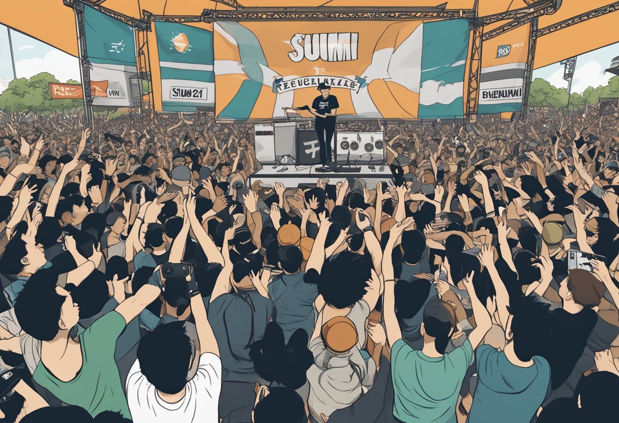 A crowd of fans surrounds the stage as Sum 41 performs in Singapore, with a banner displaying "Frequently Asked Questions" in the background