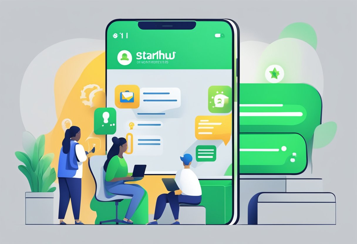 A customer's phone displays the StarHub logo while a chat window with the customer support team is open, showing a conversation in progress