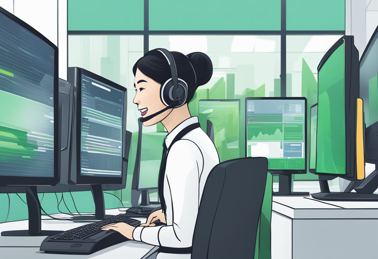 A customer service representative at StarHub Singapore answers frequently asked questions over the phone, surrounded by computer monitors and a headset
