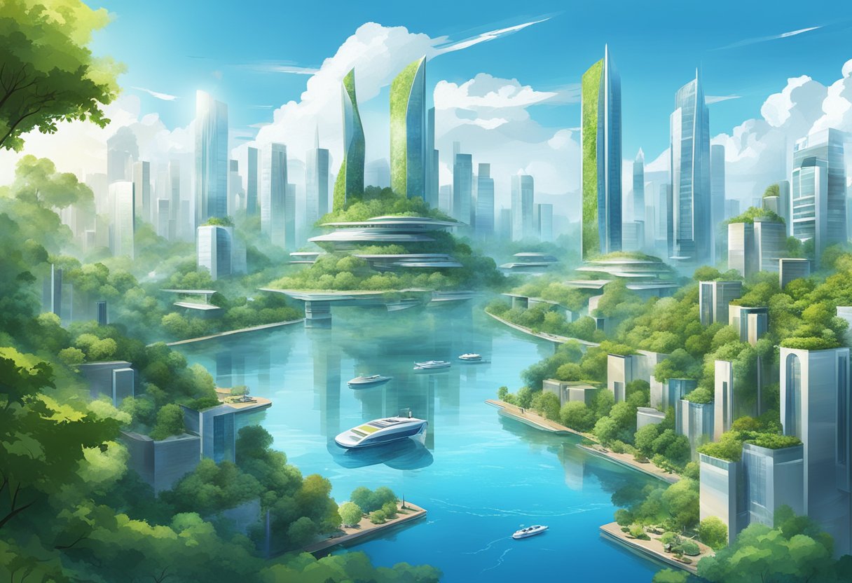 A bustling cityscape with futuristic architecture and lush greenery, set against a backdrop of clear blue skies and sparkling waters
