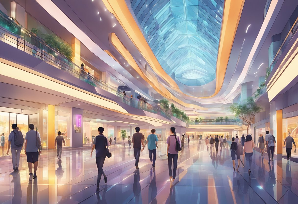 People wandering through futuristic NEX mall in Singapore. Glowing lights, sleek architecture, and bustling atmosphere