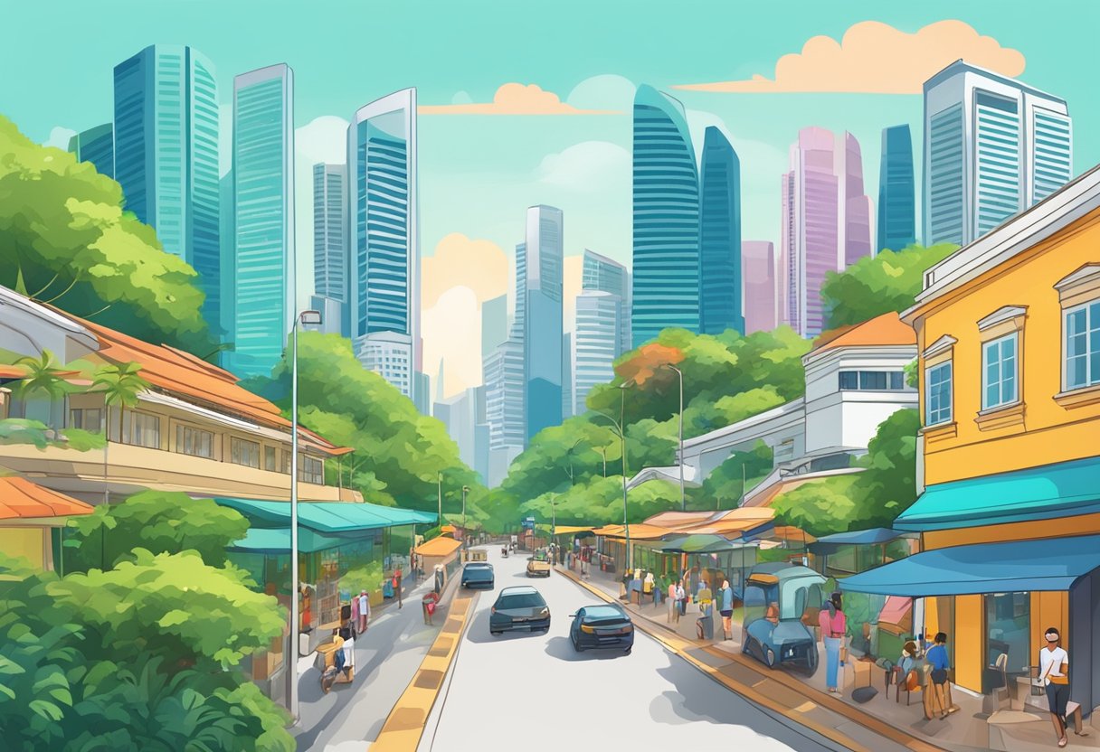 A bustling street in Singapore with colorful buildings, lush greenery, and iconic landmarks like the Marina Bay Sands and the Singapore Flyer