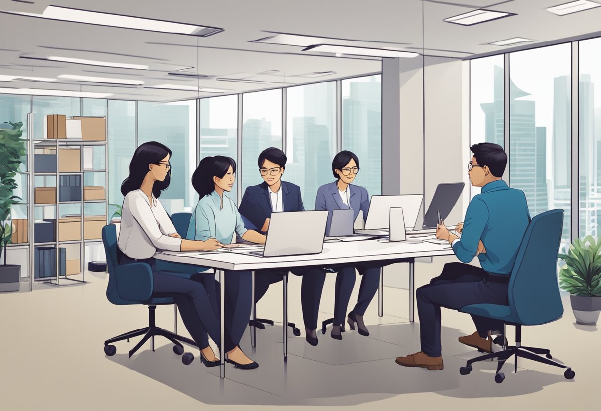 A group of professionals providing post-marriage support and services in a modern office setting in Singapore