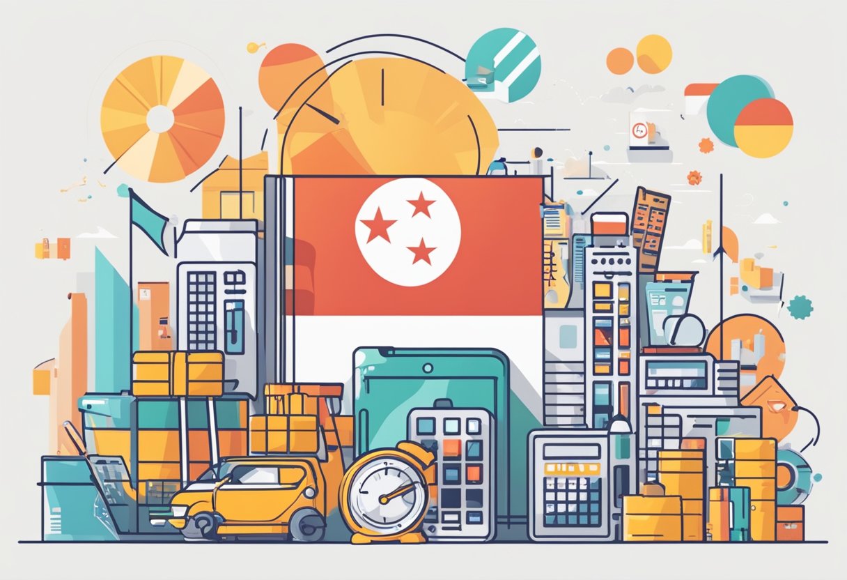 A chart showing an upward trend, with the Singapore flag in the background, and various consumer goods and services floating around, each with a price tag