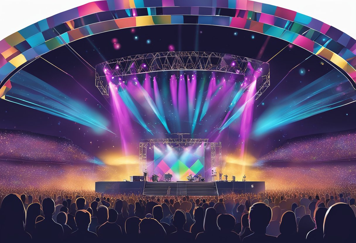 The stage is bathed in colorful lights, with instruments set up and ready to go. The crowd is buzzing with excitement, eagerly awaiting the start of the Coldplay concert in Singapore