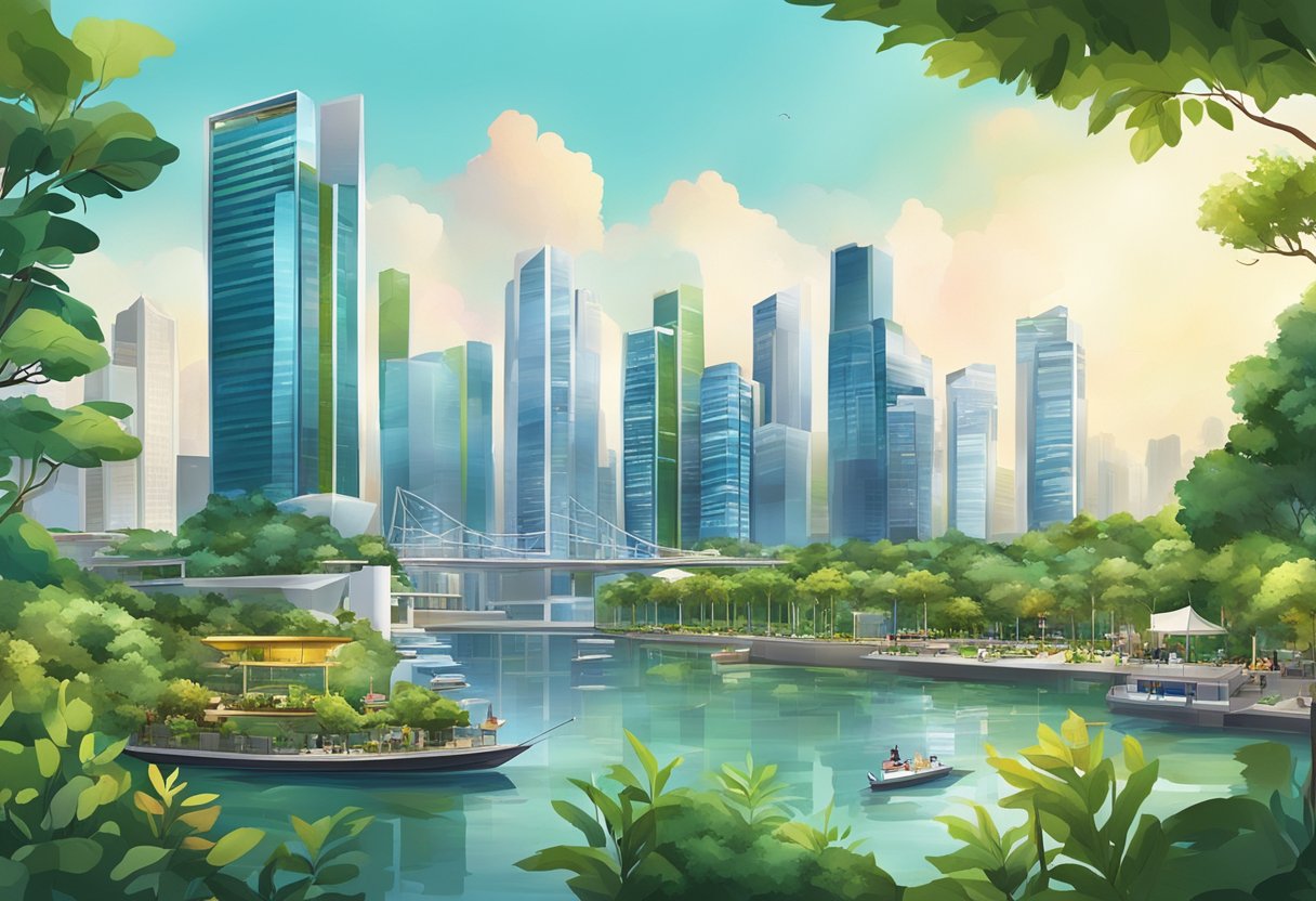 A bustling cityscape with modern skyscrapers, lush greenery, and a vibrant waterfront at TADM Singapore