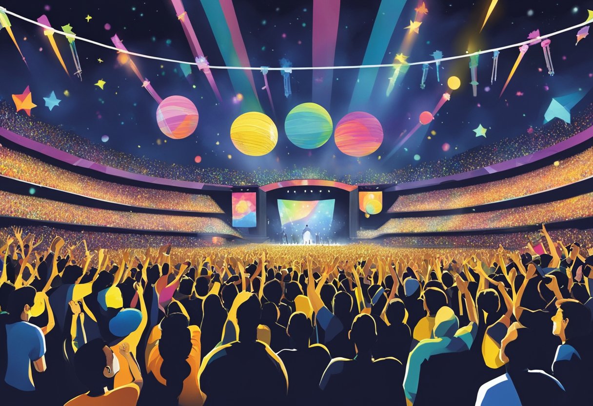 Crowd cheers as Coldplay performs in Singapore. Setlist includes hits like "Yellow" and "Viva La Vida." Colorful lights illuminate the stage