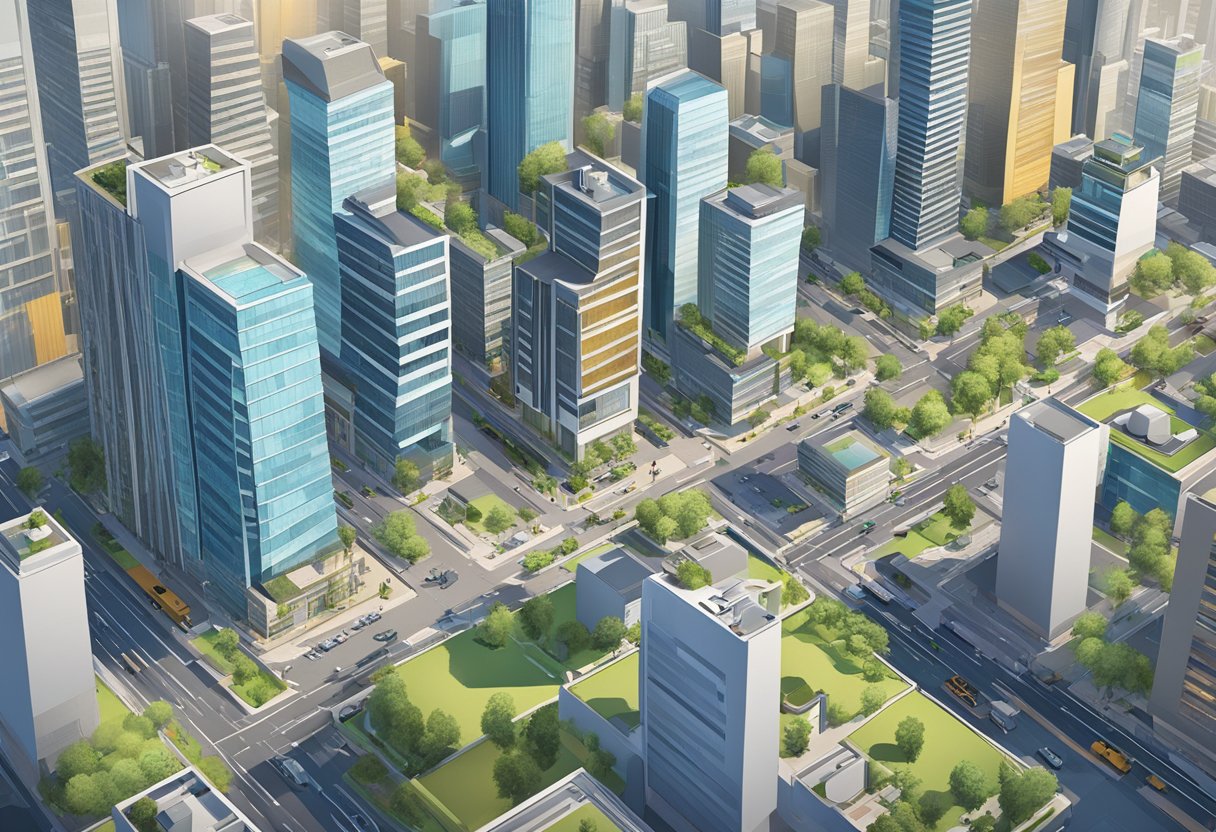 A bustling cityscape with modern buildings and people engaging in various business activities, with the TADM Services office building standing out among the rest