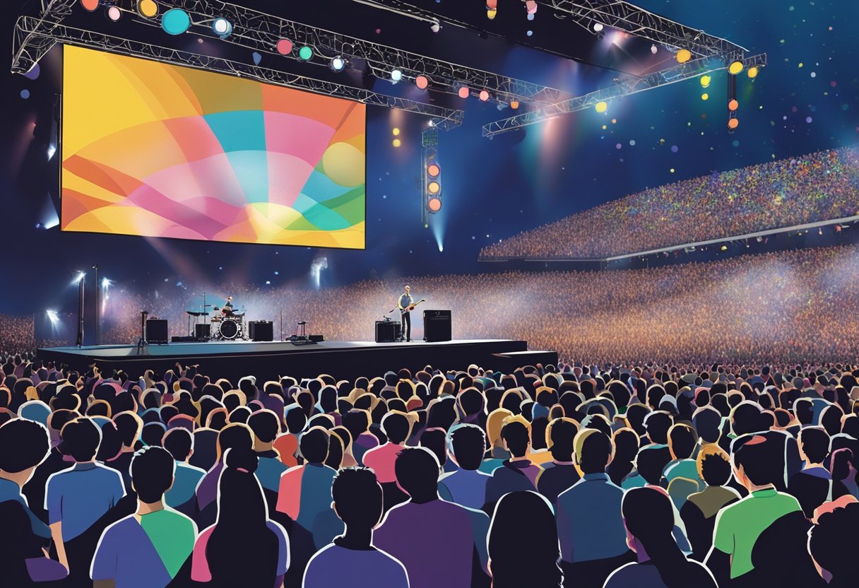 The stage is lit with colorful spotlights, as the band Coldplay performs in Singapore. A large screen behind them displays the setlist, while the crowd cheers and sings along