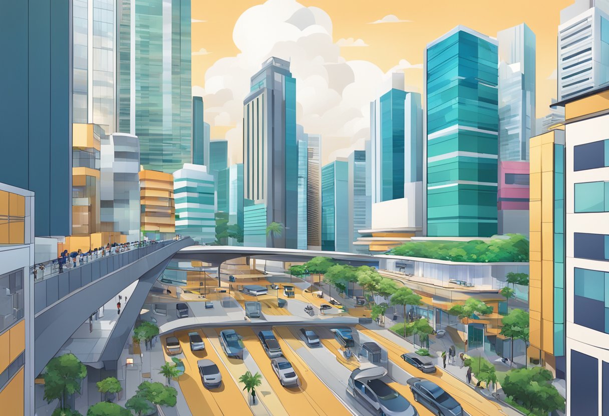 The bustling streets of Singapore's tech hub, with modern buildings and vibrant city life