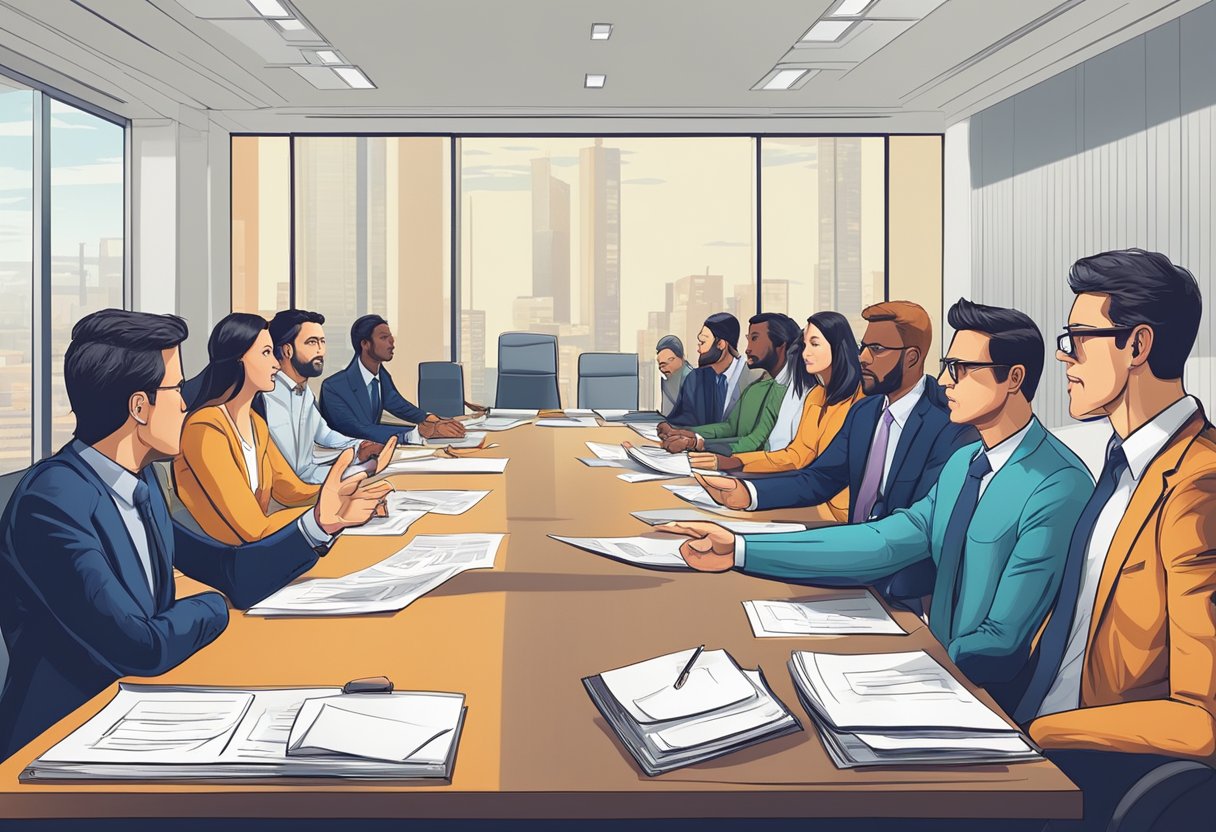 Employees and employers facing off in a conference room, gesturing and arguing over contracts and documents