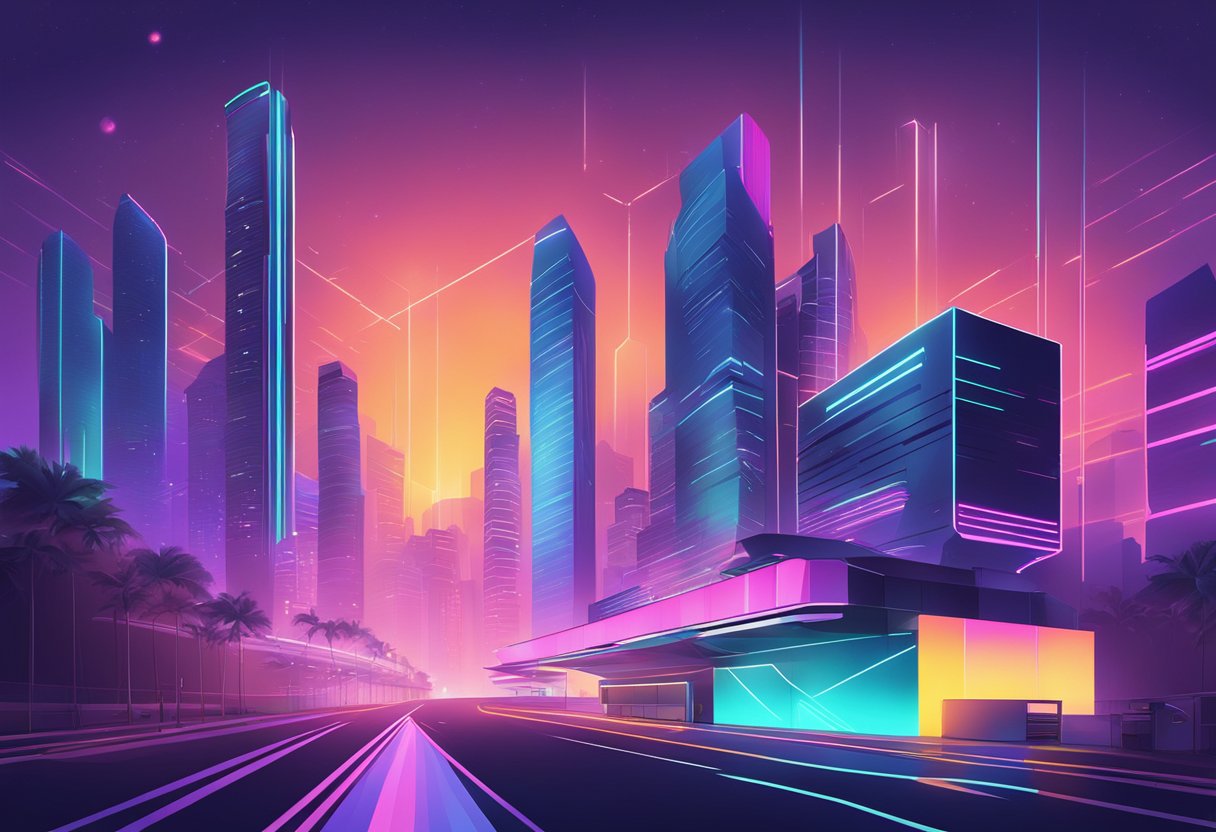 A futuristic cityscape with sleek, geometric buildings and vibrant neon lights illuminating the streets of Tech House Singapore