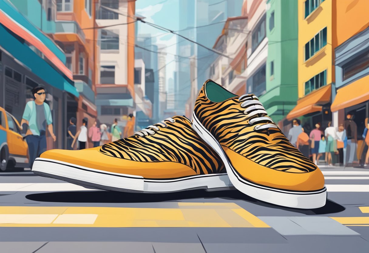 A pair of tiger-printed shoes sits on a colorful Singapore street, surrounded by bustling traffic and vibrant storefronts