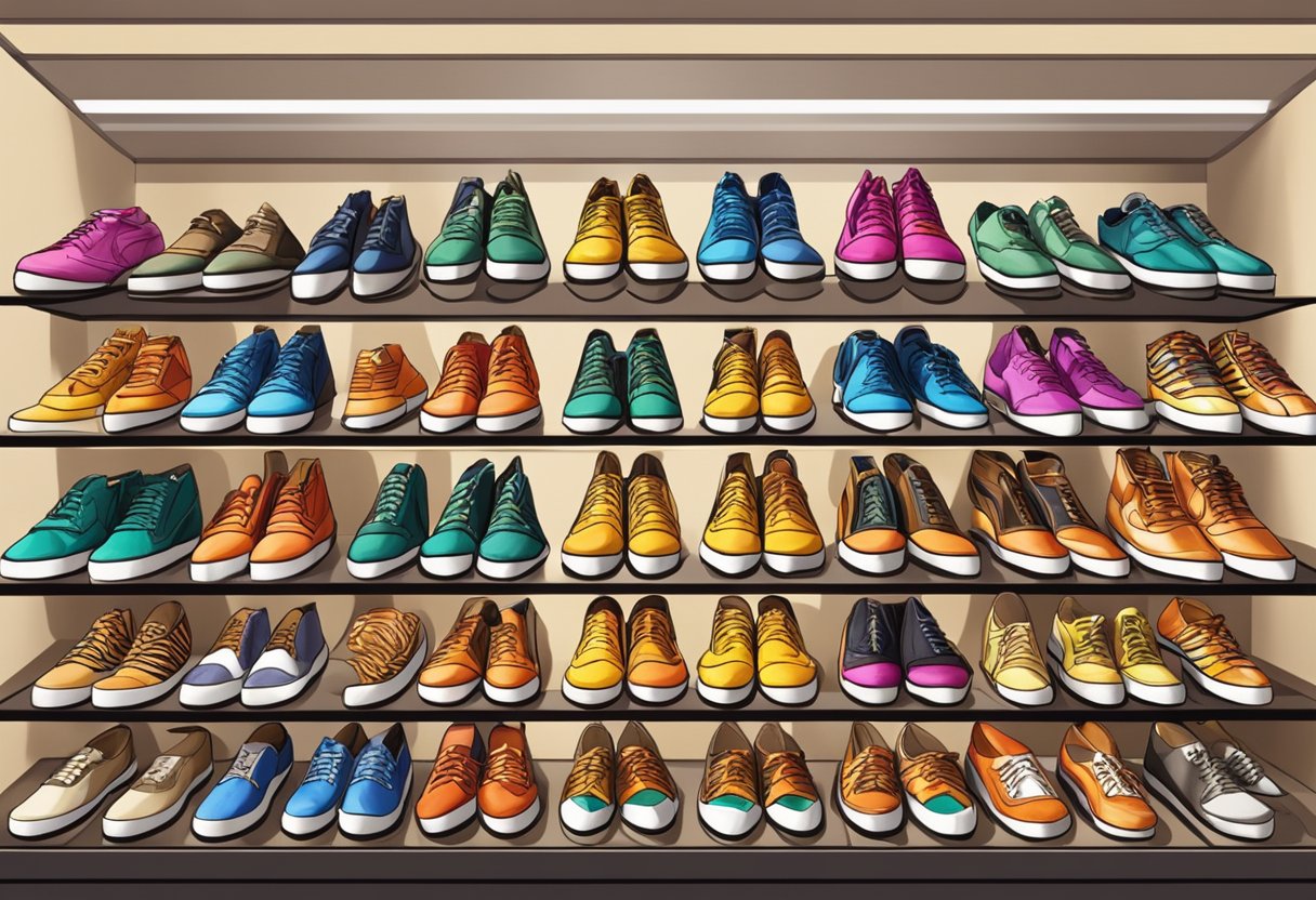 A colorful array of Tiger Shoes displayed in a vibrant Singapore storefront