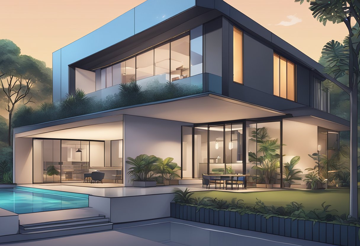 A sleek, modern tech house in Singapore with a bustling atmosphere and a sign displaying "Frequently Asked Questions" prominently