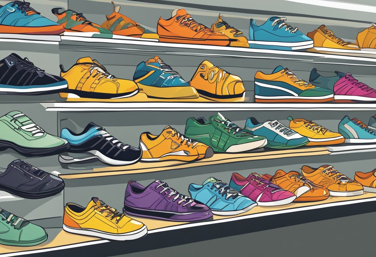 A colorful array of Tiger shoes displayed on shelves with price tags, accompanied by a helpful shopping guide showcasing the latest styles and promotions