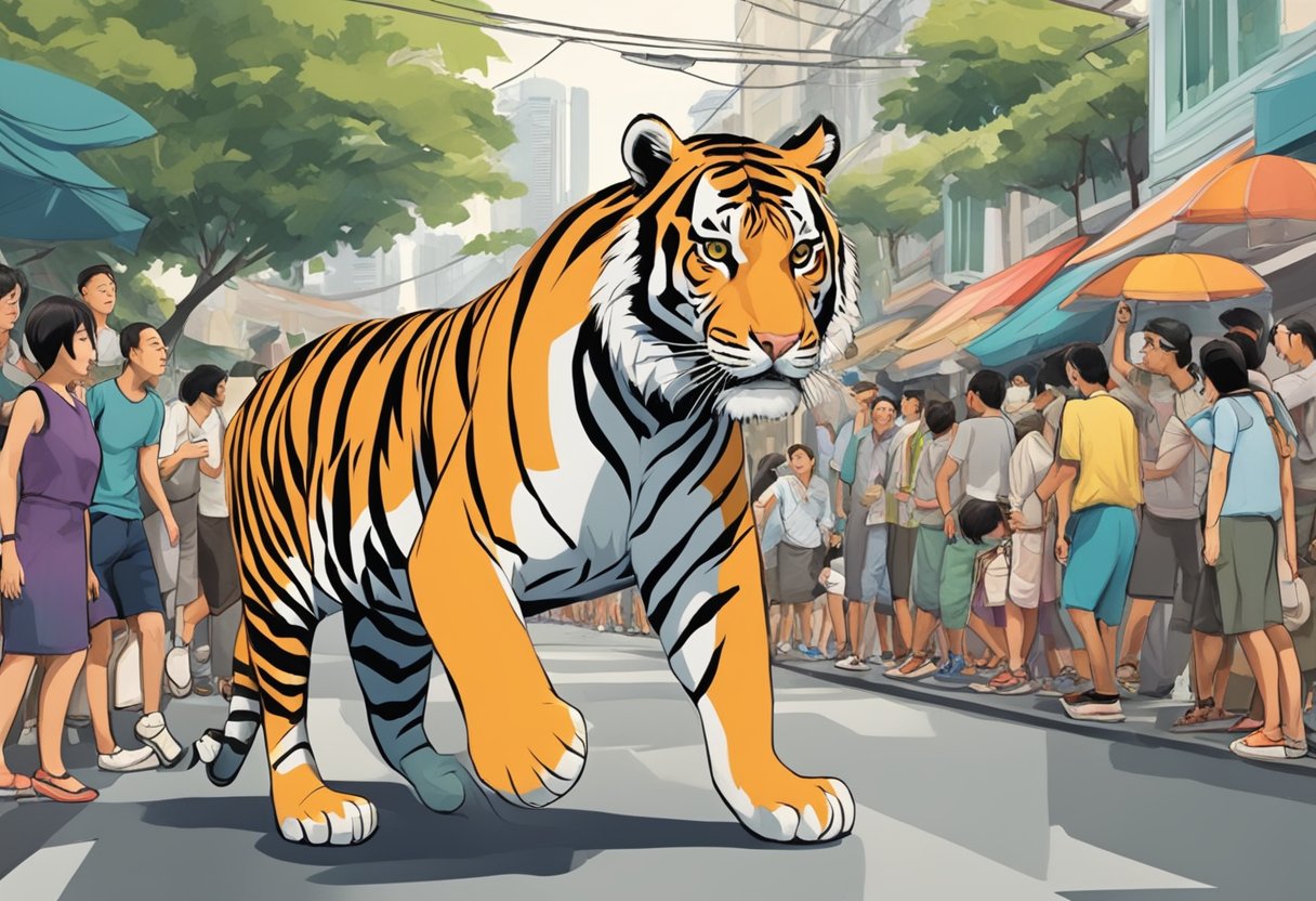 A tiger prowls through a bustling Singapore street, surrounded by curious onlookers and a display of vibrant shoes