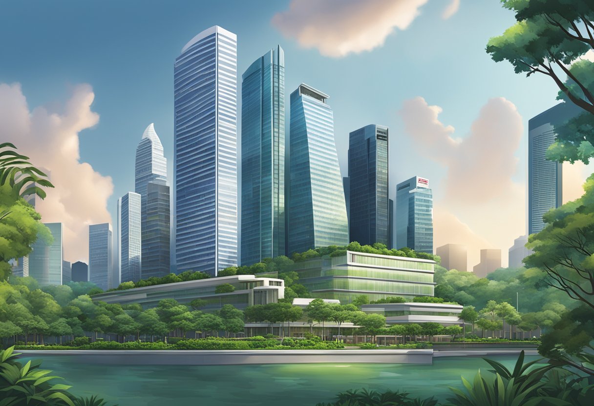 The Singapore Land Authority office building stands tall against a backdrop of modern skyscrapers, with lush greenery surrounding the area