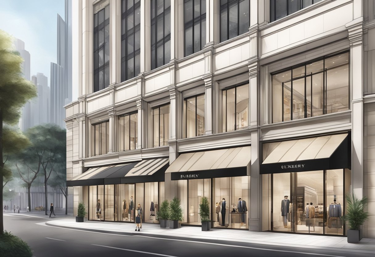 A sleek and modern Burberry store in Singapore, showcasing their latest collections and services. The elegant storefront features the iconic Burberry check pattern and luxurious display windows