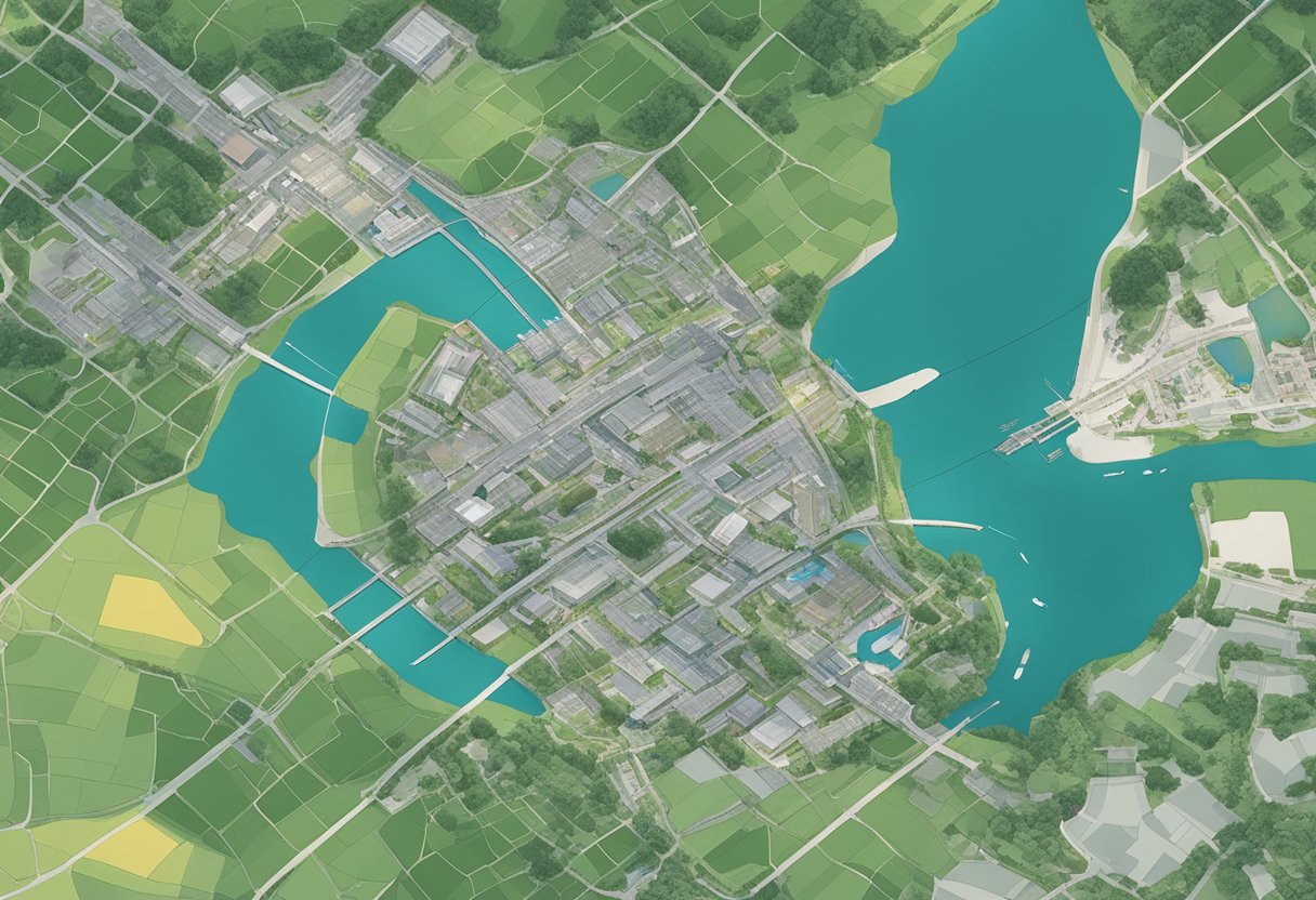 Aerial view of Singapore's land with boundary markings and geospatial data being managed by the Singapore Land Authority