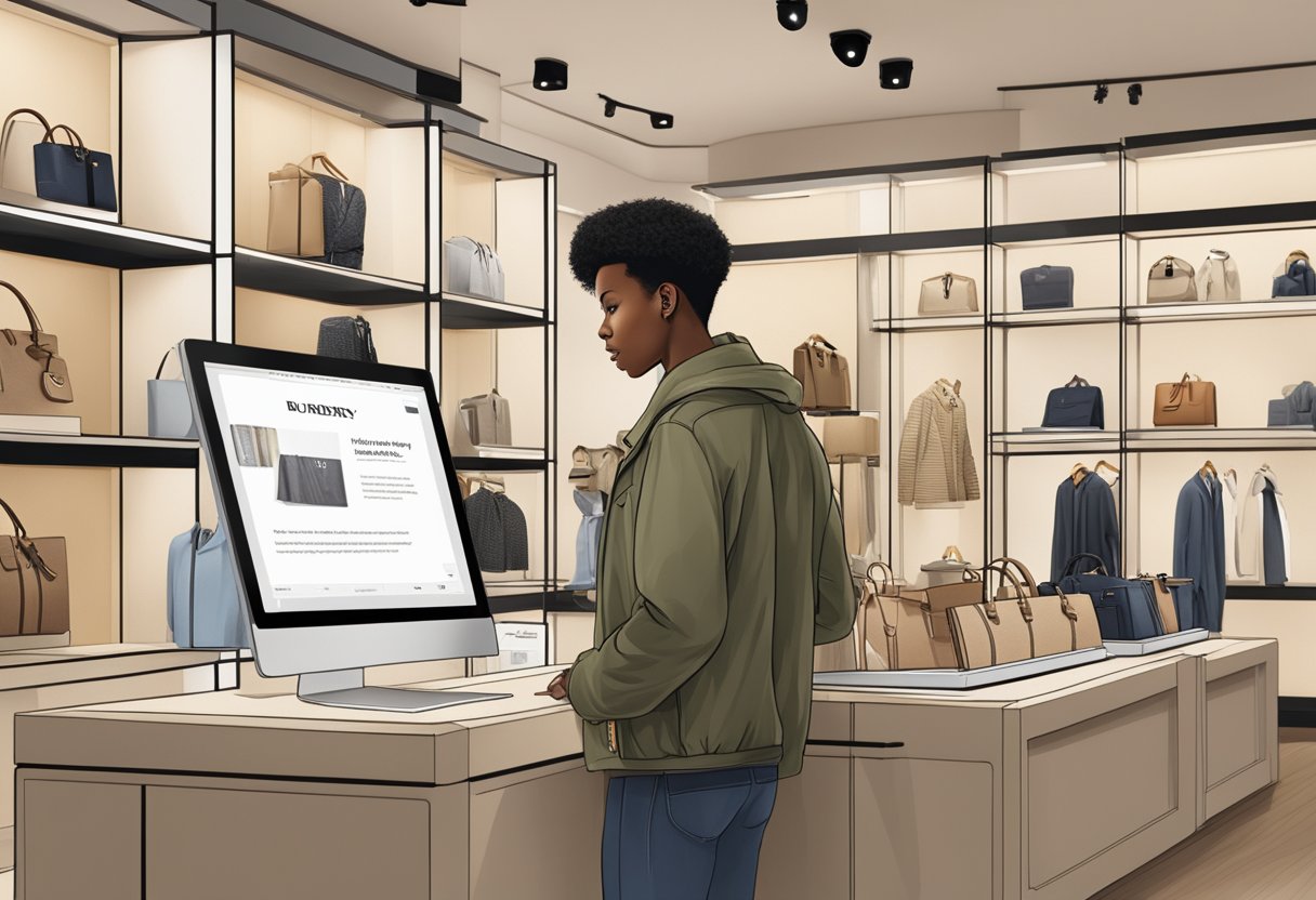 A customer browsing through a display of Burberry products with a "Frequently Asked Questions" sign in the background