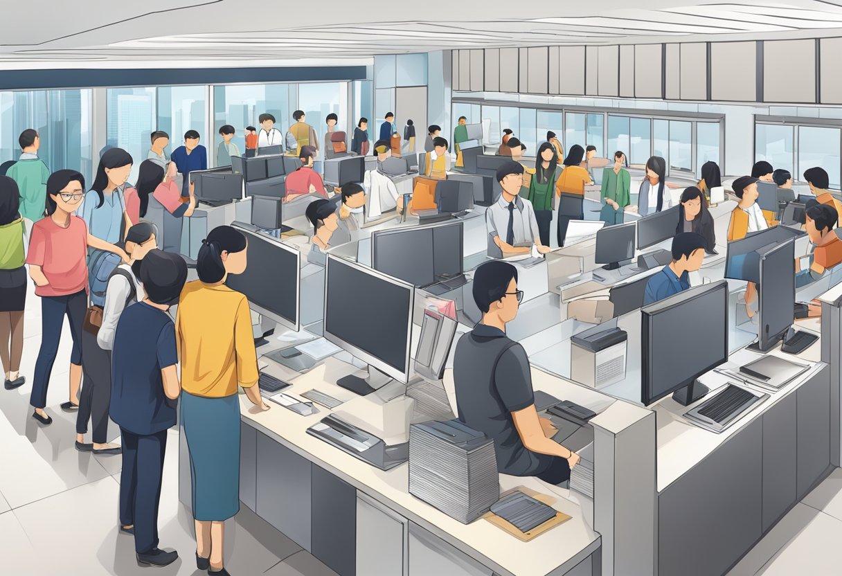 A bustling office with people lining up to ask questions at the Singapore Land Authority counter. Bright lights and a modern, organized layout