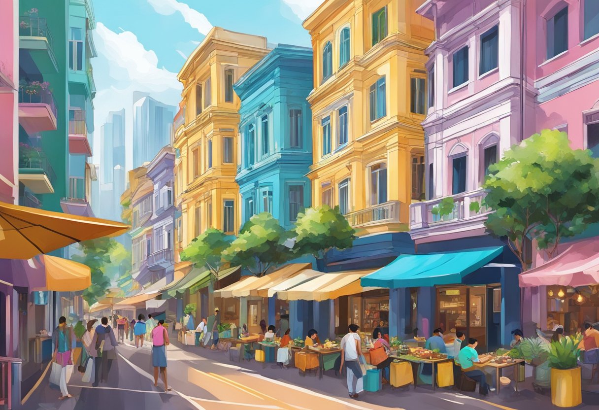 Colorful buildings line the streets of Tott Singapore, with bustling markets and vibrant street art creating a lively atmosphere