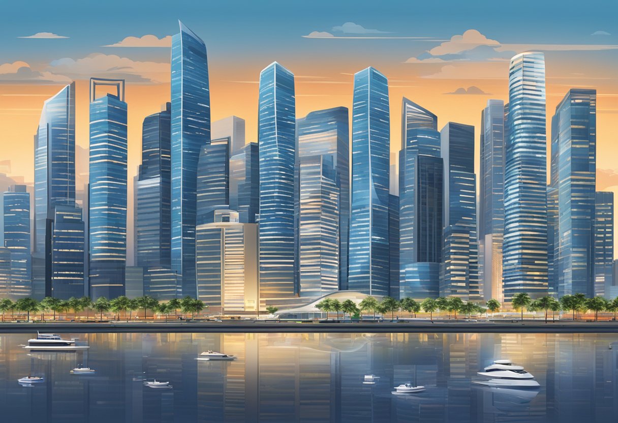 A bustling cityscape with iconic skyscrapers and modern architecture, showcasing the dynamic and fast-paced environment of DBS career in Singapore