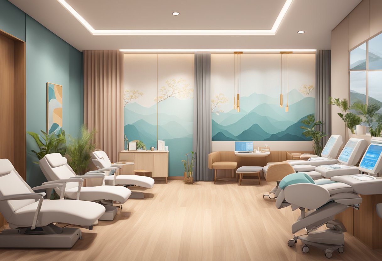 A serene clinic room with a cozy atmosphere, featuring advanced ultherapy equipment and a professional staff ready to serve clients in Singapore