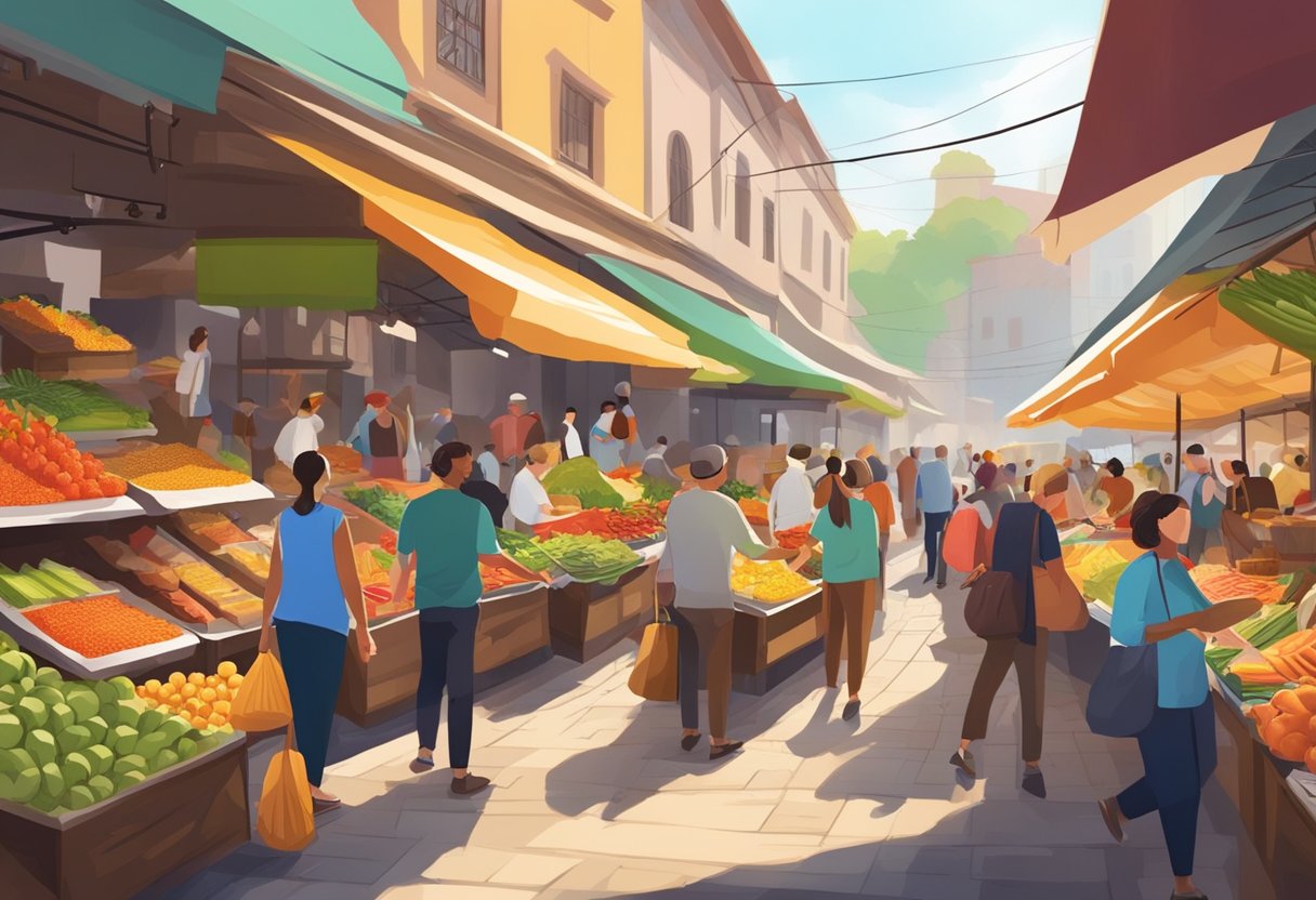A bustling market with colorful displays of fresh produce and artisanal goods, surrounded by eager shoppers and the aroma of street food
