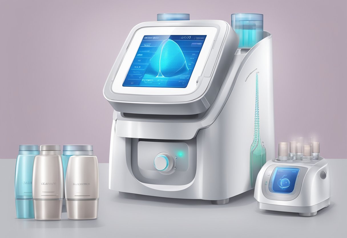A machine emitting ultrasound waves targets skin layers, stimulating collagen production for Ultherapy