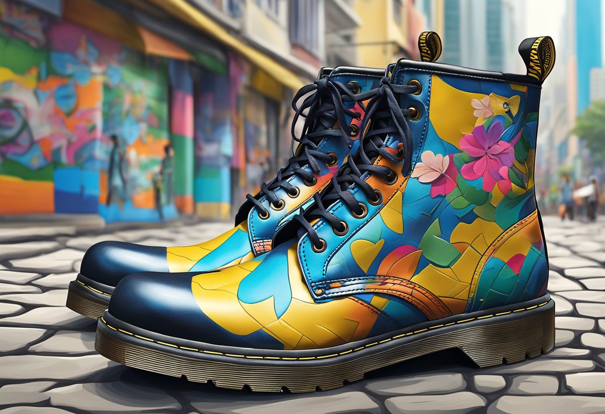 A pair of Doc Martens boots sits on a cobblestone street in Singapore, surrounded by vibrant street art and bustling city life