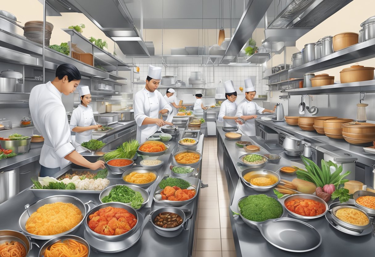 A bustling kitchen with chefs preparing gourmet dishes, surrounded by shelves of exotic ingredients and cooking utensils at TOTT Singapore