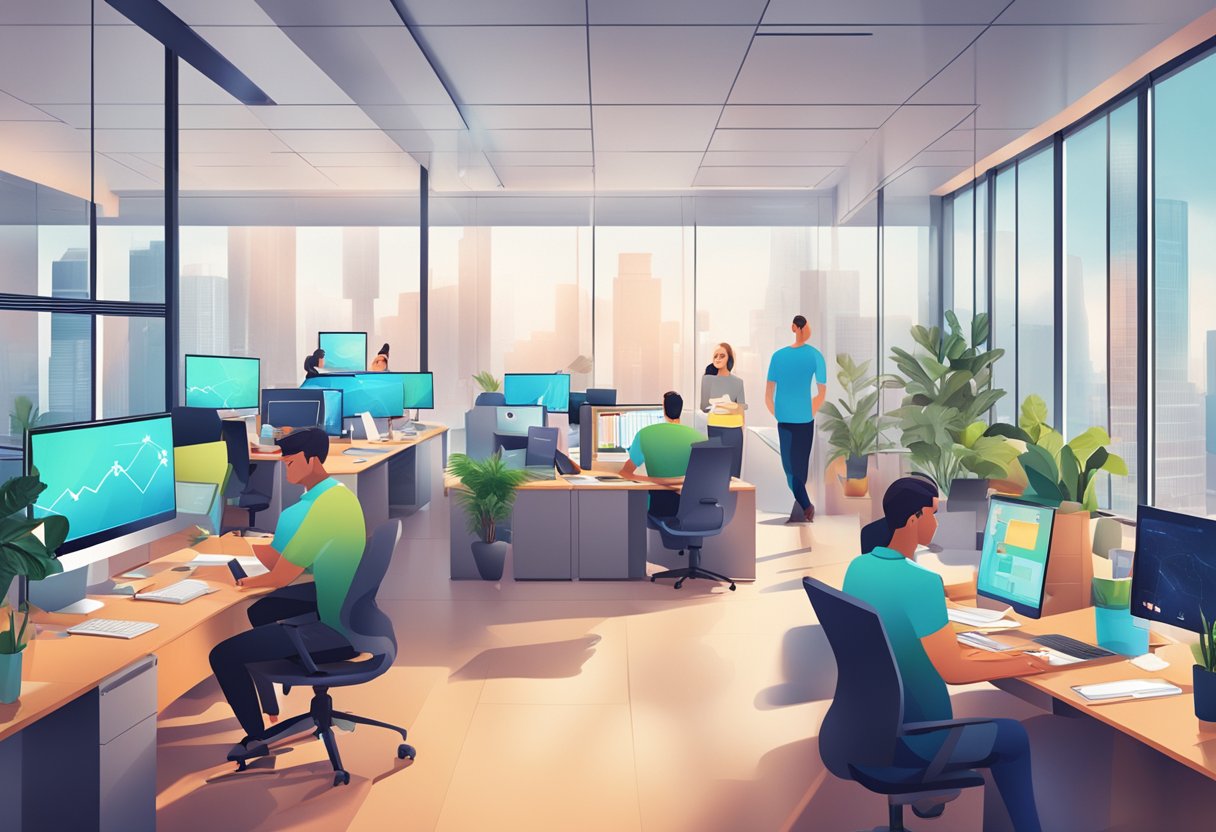 A bustling office environment with employees engaged in various tasks, surrounded by modern technology and vibrant company branding