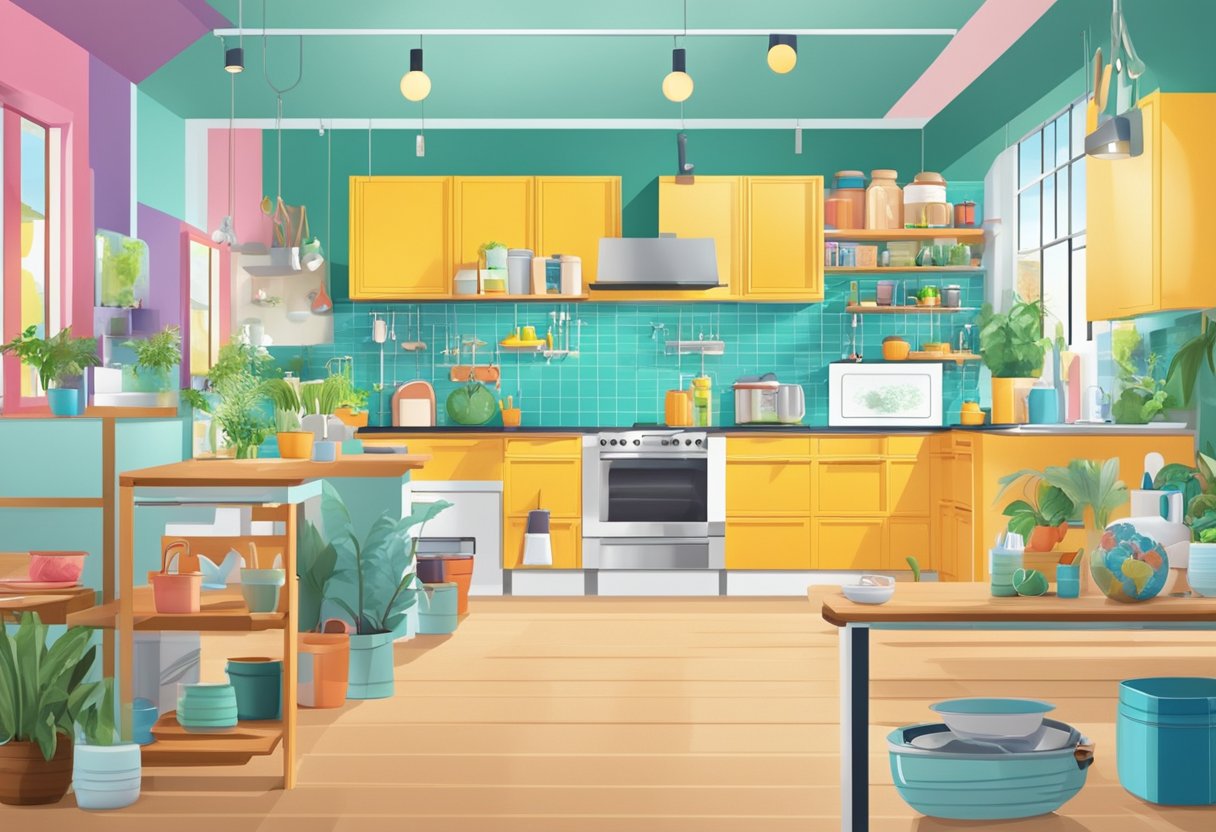 A colorful and vibrant display of "Frequently Asked Questions" signs at TOTT Singapore, with clear and legible text, surrounded by modern kitchen and home products