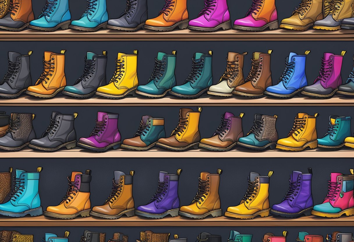 A display of various Doc Martens footwear, arranged neatly on shelves with bright lighting, showcasing the diverse collection