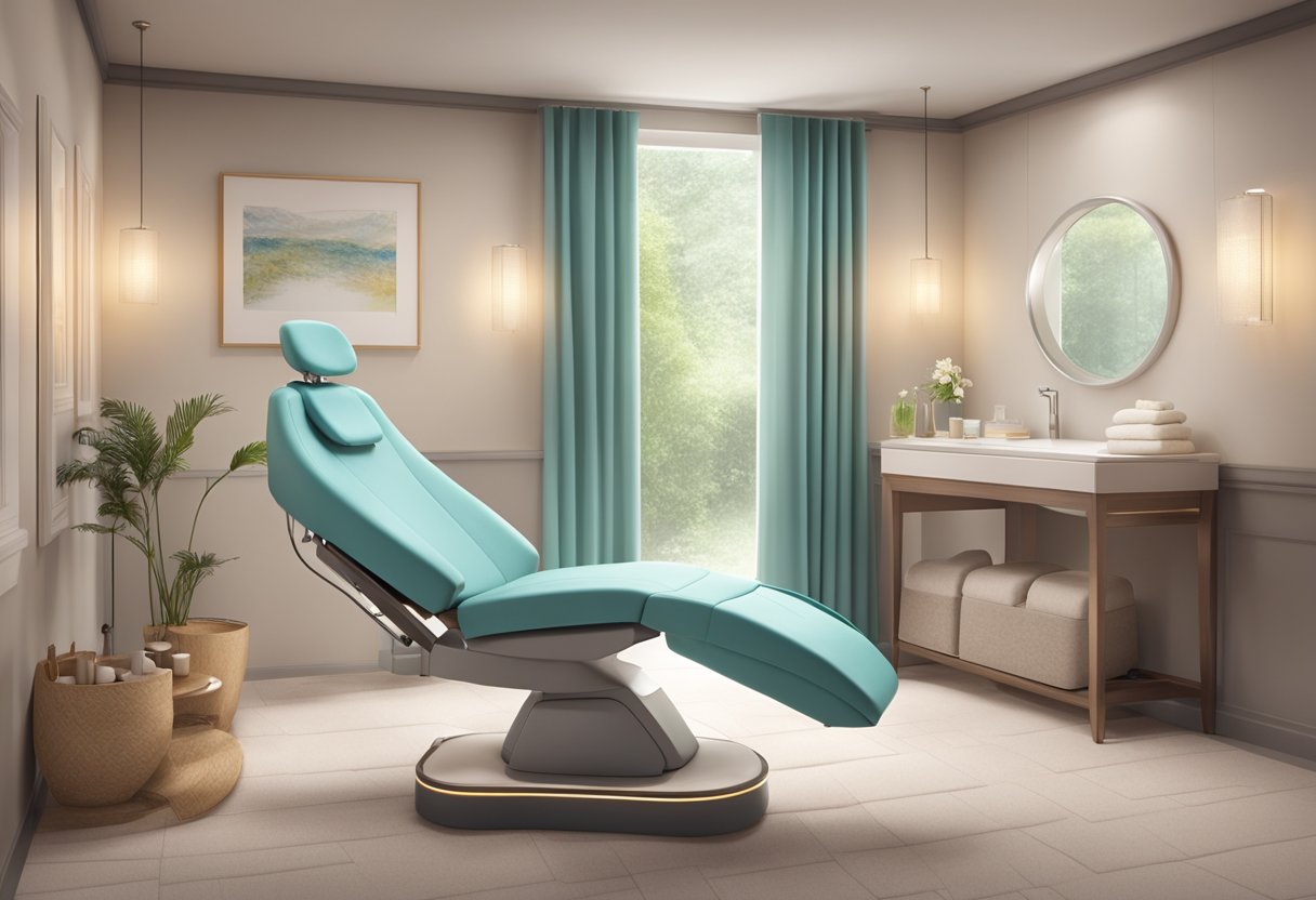 A serene spa room with a comfortable treatment chair, soft lighting, and the Ultherapy device ready for use