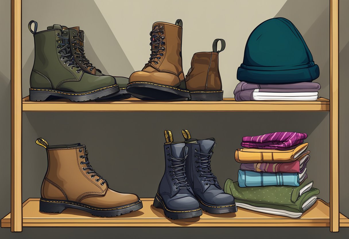 A pair of Doc Martens boots next to a collection of accessories, such as scarves, hats, and socks, displayed on a shelf