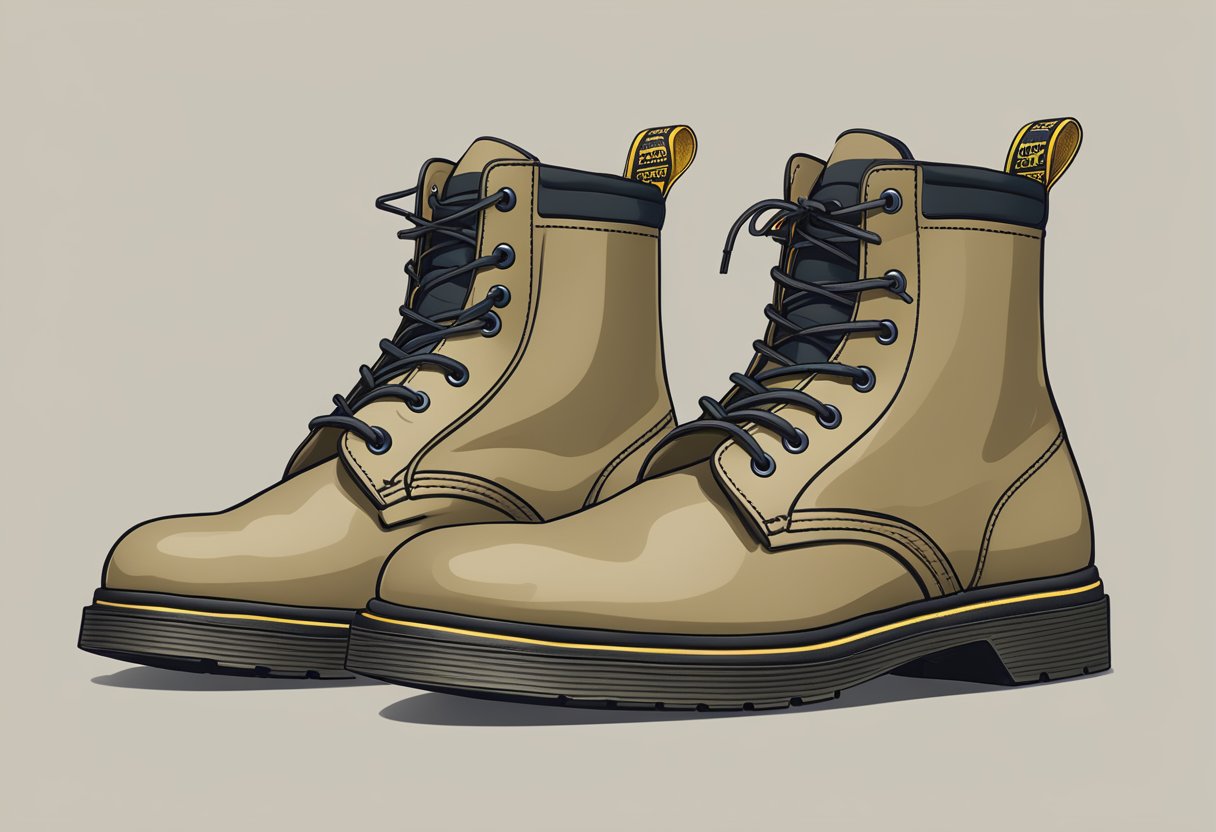 A pair of classic Doc Martens boots displayed on a clean, minimalist background, with the "Frequently Asked Questions" document open beside them