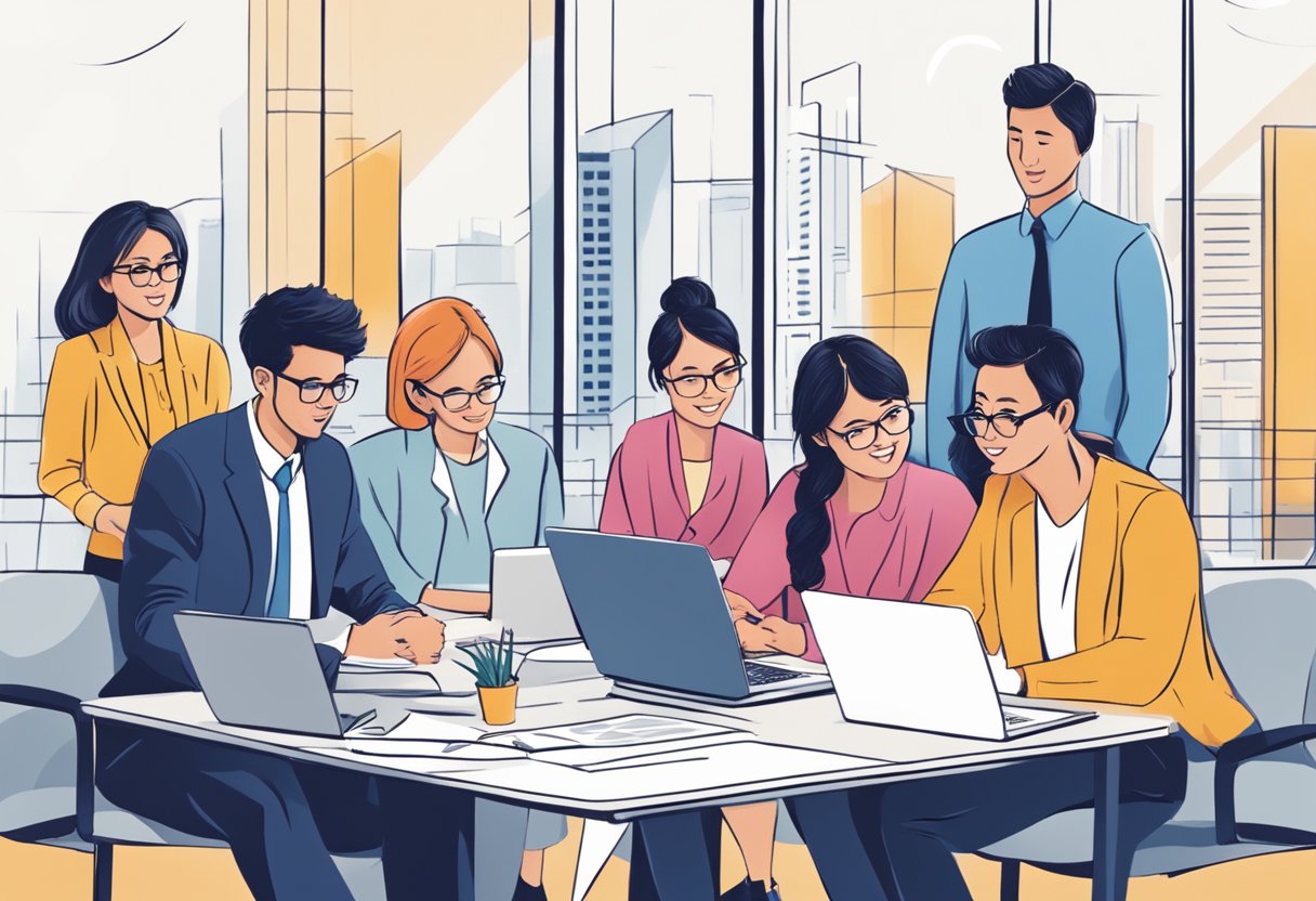 A group of people in a professional setting discussing and answering frequently asked questions about careers at DBS in Singapore